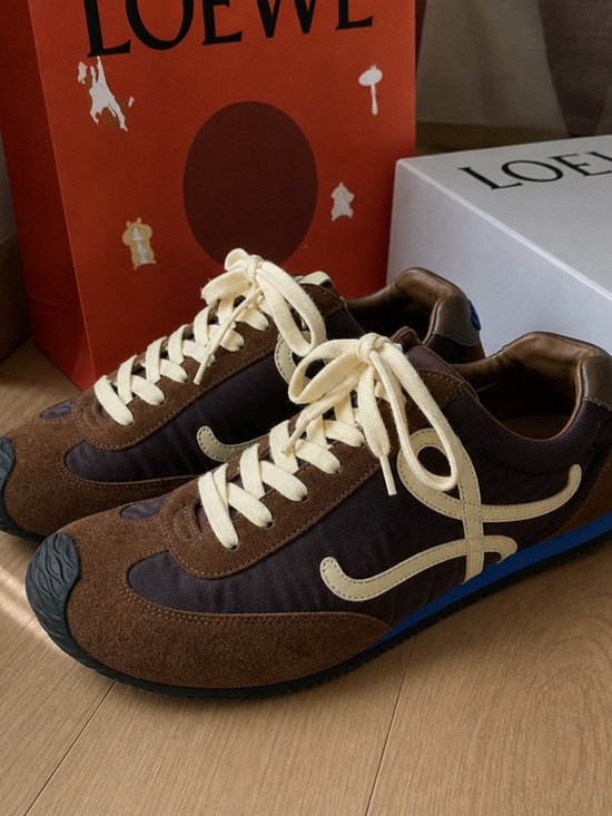Loewe Shoes - Loewe Brown Suede & Nylon Sneakers with Cream Accents and Blue Midsole